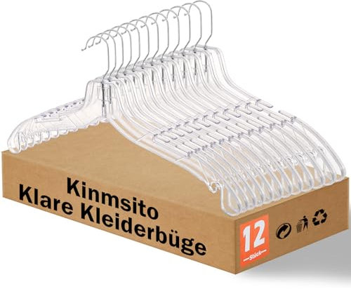 Kinmsito Kleiderbügel aus Kunststoff 42,5 cm, 12 Stück Klar, Hemden- und Blusenbügel Mit 360° Drehbaren Haken, Transparent für Hemd/Kleid, Platzsparend