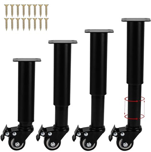 Lot de 4 pieds de meubles réglables en métal avec roulettes pour cadre de lit robuste - Pieds de rechange pour armoire, canapé, meuble TV, bureau - Noir - 14 à 16 cm