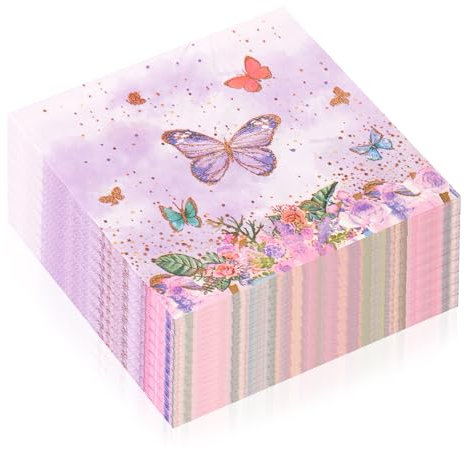 100 Stück Blumen Servietten Frühling Lila Servietten Schmetterling Geburtstag Deko für Frühling Geburtstage Partys Hochzeiten Feiern 33x33cm