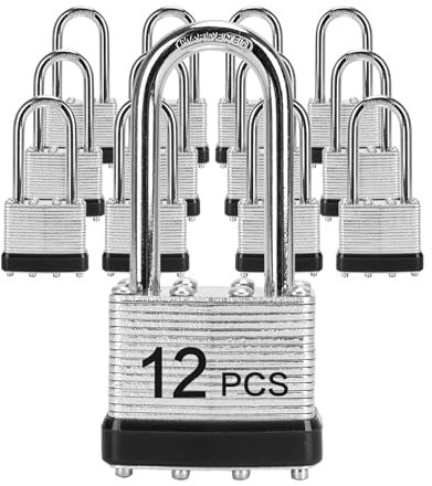 LQYN Lot de 12 cadenas laminés à clé (40 mm), cadenas à clés identiques, cerceau noir, anse longue, cadenas pour casier de gym, bagages, valise, bagages, boîte à outils, étui