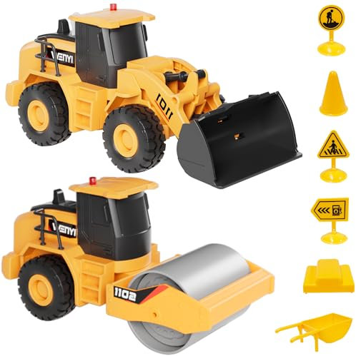 GizmoVine Giocattolo Russo, 2 Pezzi Rullo Compressore Bulldozer con Musica e Luce, Modello di Simulazione 1:32 di Camion, Regalo Per Bambini di 3 4 5 6 7 8 Anni