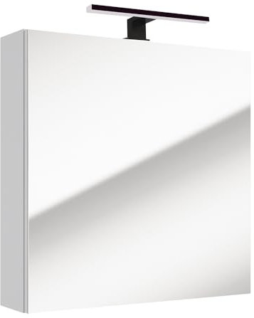 Lomadox Badezimmer Spiegelschrank weiß Hochglanz lackiert mit LED Beleuchtung Aufbauleuchte 1 Tür Glaseinlegeböden 60x65x15 cm