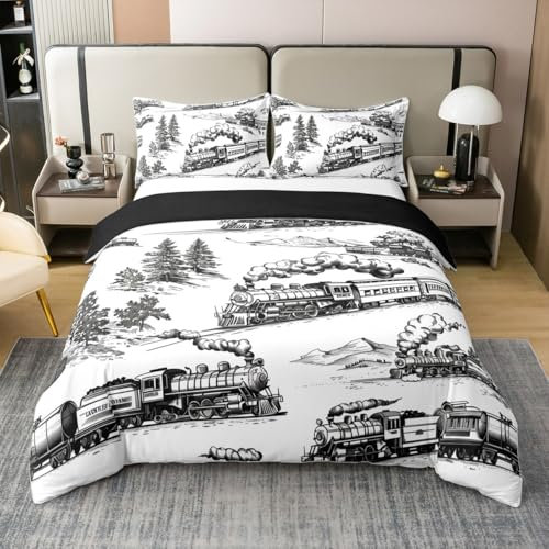 Züge Eisenbahn 100% Baumwolle Bettbezug 155x220,Schwarz Weiß Handgezogen Tröster Bezug,Einfache Geometrische Bettbezug,Rustikale Dampfmaschine Bettwäsche Set für Kinder Teens Erwachsener