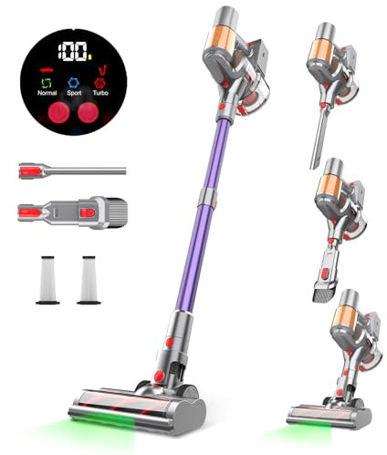 Aspiradora Inalámbrica 45Kpa 550W, 60 Minutos de autonomía Aspirador de Varilla con diseño antienredos, autoportante, Pantalla LED, para Pelo de Mascotas, moqueta y Suelo de Madera Dura