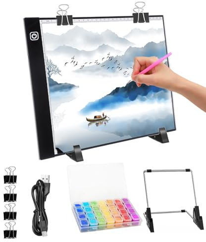 Table Lumineuse Dessin A4, Diamond Painting Kit avec 3 Luminosité Réglable, Table lumineuse A4 avec Support, Bloc Lumineux A4, Planche à Dessin LED A4 pour Dessin/Animation/Peinture/Artisanat