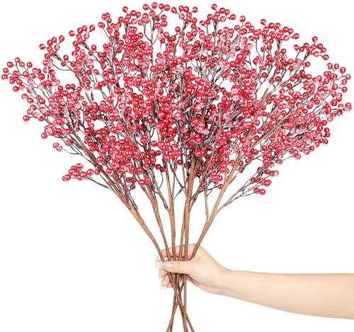 Wlicon 6 steli di bacche rosse artificiali lunghi 73.5cm, bacche rosse di Natale, bacche rosse finte per albero di Natale, rami di bacche di agrifoglio rosso per composizioni floreali natalizie