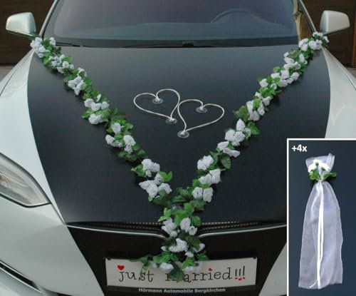 VIP Girlande 30 Azaleen 30 Rosen 18 extrastarken Saugnäpfen 2 x 180 cm Girlande 4 Türgriffdekorationen 2 Rattanherzen Braut Paar Autoschmuck Hochzeit Car Auto Wedding PKW ®Auto-schmuck (Weiß 1)