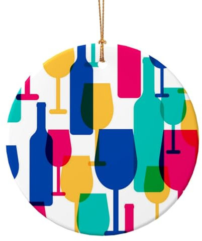 GSGCSBYMLG Cocktail Glasses and Wine Bottles printed Ceramic Round Pendant Christmas Tree Hanging Ceramic