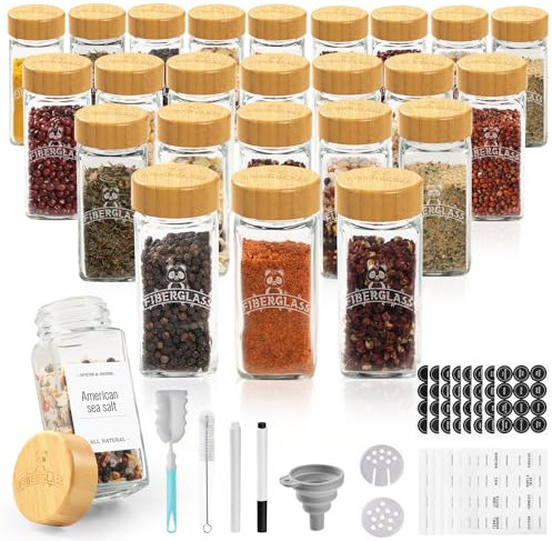 SXTIHD Pots à Épices en Verre et Bois Carré, 24×120ml Ensemble de Bocaux à Épices avec Couvercle en Bambou-bois Conteneurs de Rangement pour Épices, Étiquette