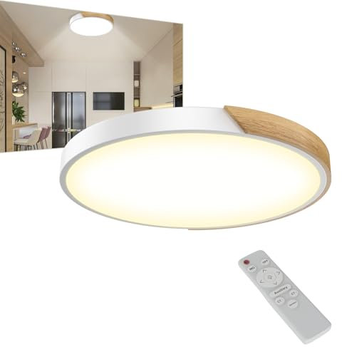 UISEBRT Deckenlampe LED Deckenleuchte Holz,Rund Leuchte Decke,96W Dimmbar 2800K-6500K Moderne Flachlampe für Wohnzimmer,Schlafzimmer,Badezimmer,Küche,Flur,kinderzimmer,Büro,Weiß,