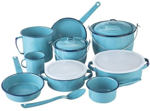 Cinsa Set di pentole smaltate su acciaio, 14 pezzi, ideali per fornelli a gas, elettrici, forni e falò, colore: turchese