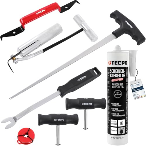TECPO Scheibenausbauwerkzeug Set 9-teilig, 1x Scheibenkleber 290ml mit Schneidedraht, Durchstehahle, Lösewerkzeug für Windschutzscheibe Reparatur Montage Reparaturset Steinschlag Autoglas Ausbau
