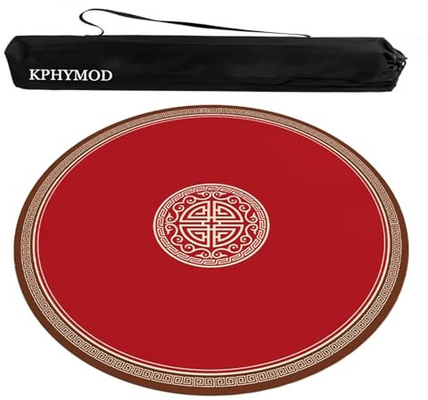 KPHYMOD Tapis De Mahjong Rond Rouge avec Sac De Transport, Nappe en Polyester Imprimée De Style Chinois, Housse De Table De Jeu Antidérapante Et Antibruit(Red-3,33.46x33.46 in)
