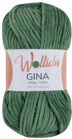 Wollidu Gina Chenille Garn zum Stricken und Häkeln 1 x 100g/120m Set 100% Polyester - Grün