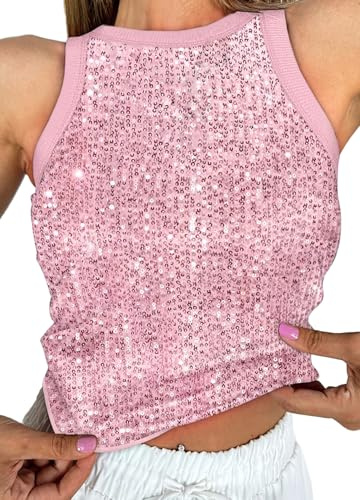 Naimo Damen Glitzer Pailletten Tank Top Ärmellos Rundhals Bluse Sparkle Sexy Weste Party Club Oberteile