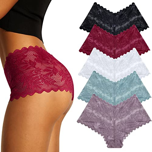 FINETOO 5er Pack Unterhosen Damen Spitze Sexy Unterwäsche für Frau Weiche und Bequem Slip Boxershorts Hipster Panties Dessous Mehrpack S-3XL
