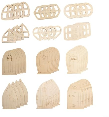 Holz-Feengartentür-Bastelset, Mini-Blanko-Türen, Fenster, Kiefernholz, dekorative Elemente, unlackiertes Design für Handwerk, Heimdekoration, 48 Stück (dezente Stile)