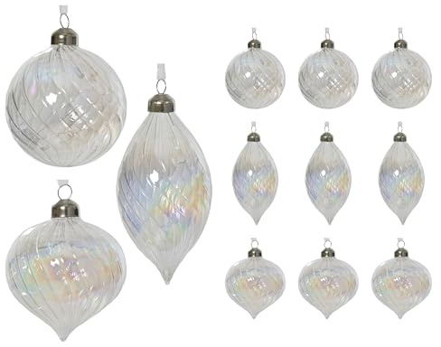 Kaemingk Weihnachtskugeln Glas 8cm x 12 Stück mit Rillen Christbaumkugeln Regenbogenfarben Christbaumschmuck Weihnachtsbaumkugeln Klar transparent irisierend