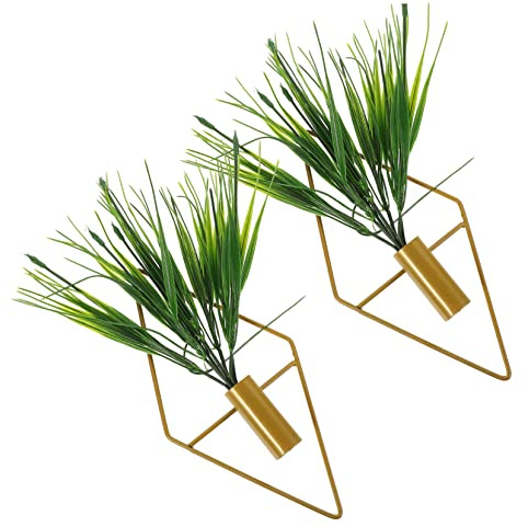 INOOMP Lot de 2 Ornements Muraux Géométriques en Fer Doré avec Fausse Plante en Pot et Gazon Artificiel, Décorations Végétales Artificielles pour Salon, Bureau et Intérieur Moderne