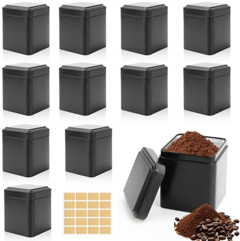 TFLPUO Klassische Eckige Teedose, 12 Stück Metall Teedosen Tee Vorratsdose Aromadicht Behälter Inkl 20 Etiketten für Losen Tee Teebeutel Kaffeebohnen Aufbewahrung 7 X 7 X 8.5cm