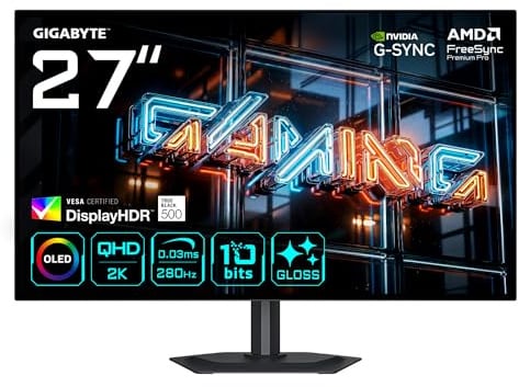 Gigabyte MO27Q28GR 27” Glossy WOLED QHD Gaming-Monitor - 2560 x 1440, 280Hz, 0.03ms, 335 cd/m², Display HDR True Black 500, HDMI 2.1, DisplayPort 1.4