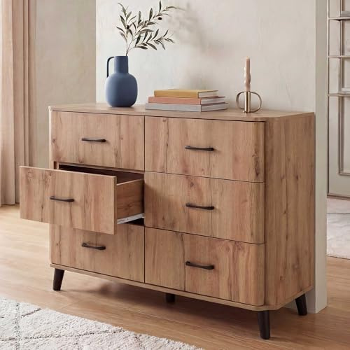 Mendler Kommode HWC-P42 6 Schubladen 86x120x40cm - Wotan-Eiche-Optik | Sideboard, Schrank, Anrichte