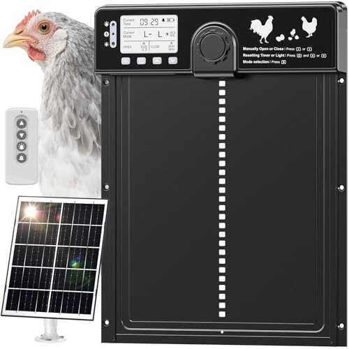 CHAMUTY Große Automatische Hühnerklappe Solar mit Lichtsensor Zeitschaltuhr | Aluminum Elektrische Hühnerklappe Automatisch mit 7W-Solarpanel, LCD Display, Fernbedienung, Intelligenter Einklemmschutz