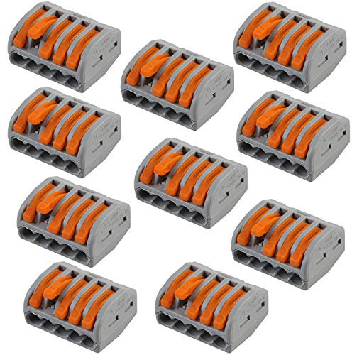 10 PACK | 5 Way 32 AMP WAGO Lever Connector | Electrical Push Snap Fit Terminal Block | Reusable Lighting Junction Choc Clamp | 0.08mm² - 4mm² Power Cables | 222-415 | 400V Max Spring Arm Wire Holder