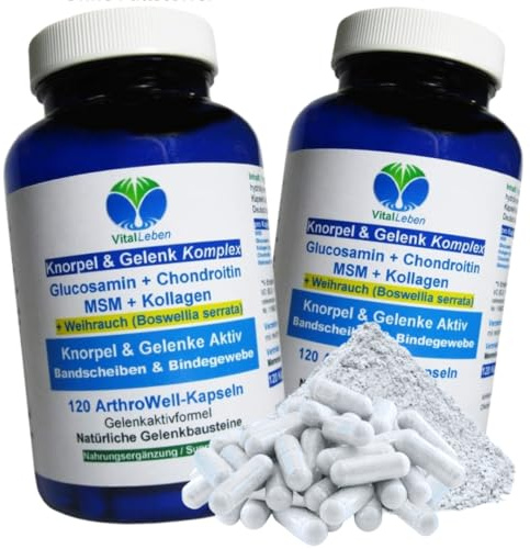 Knorpelaufbau KNORPEL & GELENKE Komplex 240 (2x120) Kapseln - ArthroWell TOP-5 Gelenkbausteine Gelenkkapseln mit Glucosamin, Chondroitin, MSM, Kollagen, Weihrauch. OHNE ZUSATZSTOFFE 26444-2