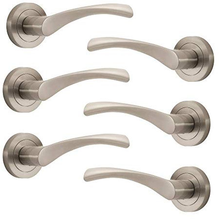 Designer Levers - Marvel Lever on Rose Door Handle - Contemporary Design- Brushed Nickel - 3 Pairs - Fixings Included - Interior Use