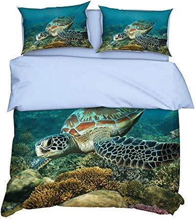 AYMAYO Bettwäsche Set Für Kinderbettwäsche Jugendbettwäsche Meerestiere, Fische,Schildkröte Und Korallen,Bettbezug 135x200 cm 100% Baumwolle