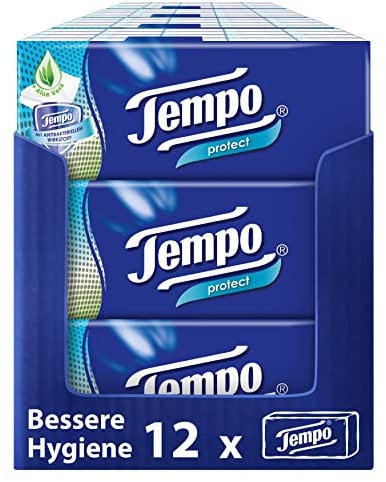 Tempo Protect - Confezione da 12 confezioni da 20 pacchetti x 9 salviette, fazzoletti di carta con agente antibatterico, lavabili in lavatrice