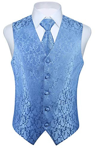 HISDERN Anzugweste für Herren Hellblau Paisley Hochzeitweste und Krawatte und Einstecktuch Jacquard Weste Herren Anzug Set Elegant Blau L