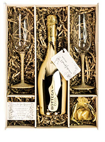 Bottega Gold Prosecco DOC 75cl Gift Set Hamper With Matching Sparkling Gold Champagne Flutes and Gift Box - Engagement, Birthday Gift for Prosecco Lovers (Sparkling Stems)