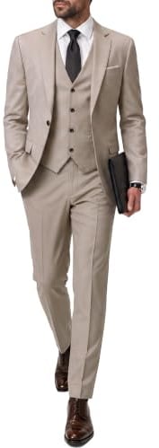 MrSure Herren 3-teiliger Anzugblazer, Slim Fit Smoking mit einem Knopf, Jacke, Weste, Hose & Krawatte Set für Party, Hochzeit und Business, Beige, XL