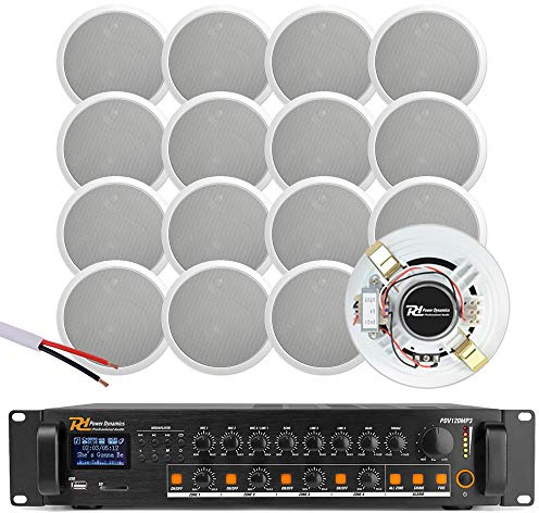 Power Dynamics 4-Zone Ceiling Speaker Bluetooth Audio System - Complete Installation PA Kit with Amplifier & 16x 5-Inch White Speakers for Restaurant, Office, Bar and Retail Store Background Music