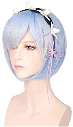 35CM Ram Rem Cosplay Wigs Short Heat Resistant Bob Hair Re Zero Kara Hajimeru Isekai Seikatsu with Adornment Blue