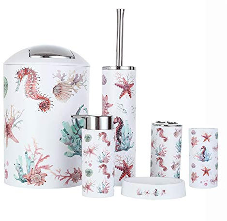 Icegrey Modern Design 6-teiliges Luxus-Badezimmer Zubehör-Set Lotionflaschen, Zahnbürstenhalter, Zahnbecher, Seifenschale, Toilettenbürste, Mülleimer, Ozean