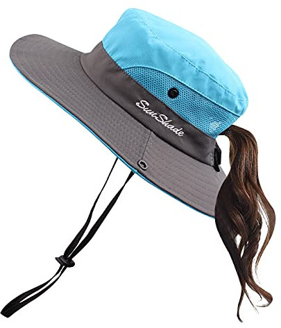 Pesaat Sonnenhut Damen UV Schutz Fischerhut knautschbarer Wasserfester Sommerhut mit Kinnband gartenhut Boonie hat damenfür Gartenarbeit Reisen Wandern Angeln (Blau-Mehrfarbig, Gr.Erwachsener)