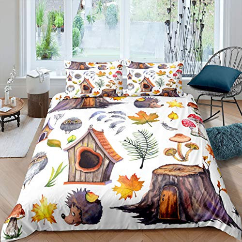 Pilz Tröster Abdeckung Igel Eule Bettwäsche Set Herbst Falling Leaf Fungus Botanischer Bettbezug für Kinder Mädchen Wald Tier Thema Natürliche Tagesdecken Abdeckung Kind Schlafzimmer Dekor ,135x200