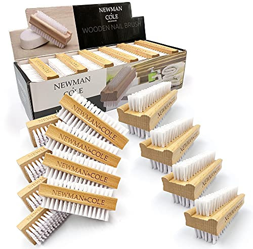 Wooden Nail Brush, Double-Sided Nail Scrubbing Brush with Firm Plastic Bristles (Box of 12)