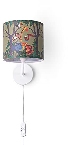 Paco Home Kinderzimmer Wandlampe Stoffschirm Wandleuchte Rund Dschungel Tiere Junge Mädchen E27 Zoo Mit Stecker Und Kabel
