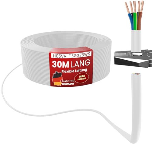 Cavo flessibile in plastica da 5 a 100 m, H05VV-F 5G0,75; 5G1; 5G1,5 o 5G2,5, colore bianco, cavo flessibile (H05VV-F 5G0,75 WS, 30 m)