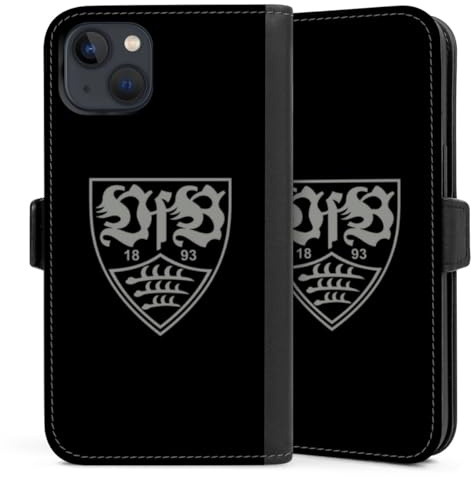 Klapphülle kompatibel mit Apple iPhone 13 Handyhülle aus Kunst Leder schwarz Flip Case Offizielles Lizenzprodukt VfB Stuttgart Logo