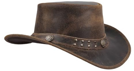 Leatherick Cowboyhut - Brauner geflochtener Hut Conchos-Nietenhut Jahrgang Outback-Hut Stil mit breiter Krempe und Kinn Kordel (M, Braun (Stud))