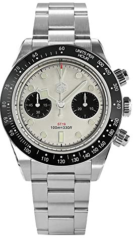 NC San Martin SN052G Herren Sportuhren Chronograph Saphirglas 10Bar Retro Luxus Seagull ST1901 Manuelle mechanische Uhren (White)