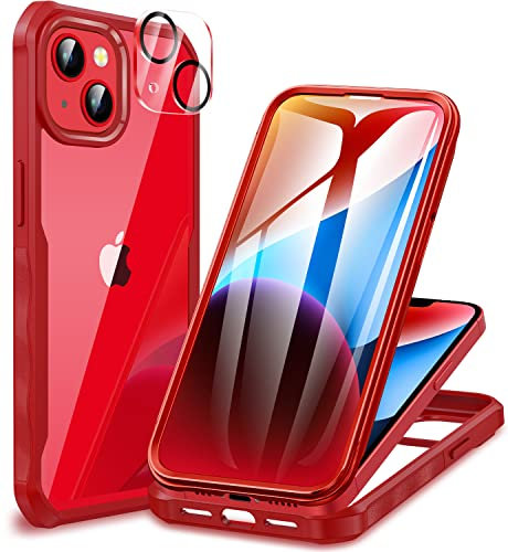 CENHUFO Compatible with iPhone 14 Case Built-in Glass Screen Protector with Camera Lens Protector, 360°Full Body Heavy Duty Protective Phone Case for iPhone 14 Case Shockproof -Red