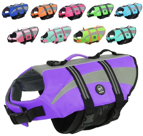 EMUST Rettungswesten für Hunde, leichte kleine/mittelgroße/große Hunde-Schwimmweste für Schwimmen/Boot/Wasser, Schwimmweste für große Hunde, Lila, XL