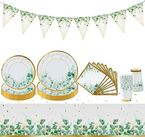 Juego De 98 Platos De Fiesta Verde, Platos De Papel Verde Salvia y Servilletas, Vasos Con Mantel y Pancarta, Vajilla De Fiesta De Baby Shower Para Cumpleaños, Decoraciones De Fiesta De Boda