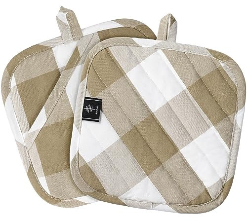 BONTHEE Soportes para ollas para cocina, resistentes al calor, almohadillas calientes para encimeras, horno, agarraderas de algodón para cocina, hornear, cuadros marrón claro, 2 unidades